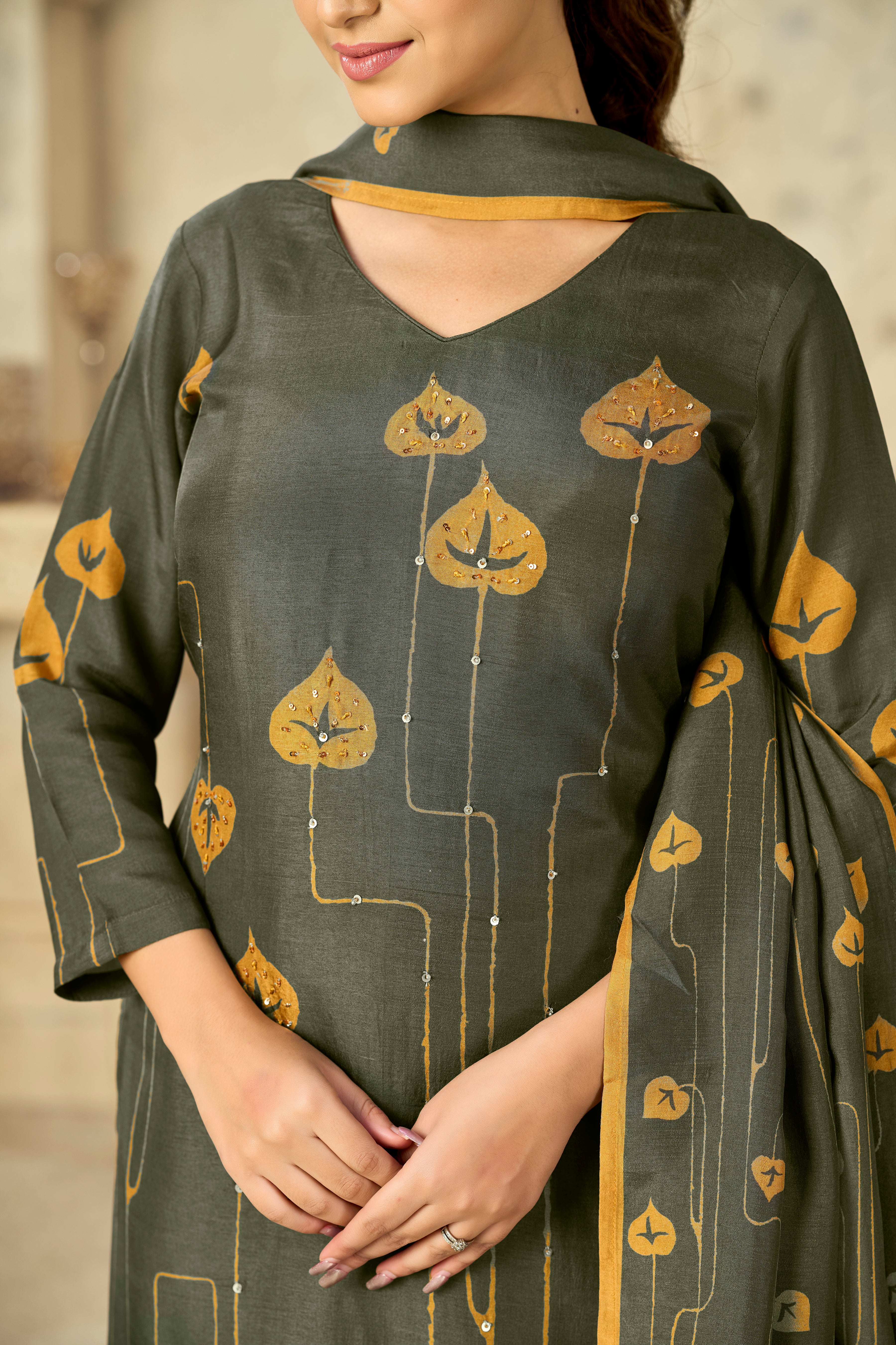 Olive Printed With Handwork Straight Kurta With Dyed Trousers And Flower Printed Dupatta