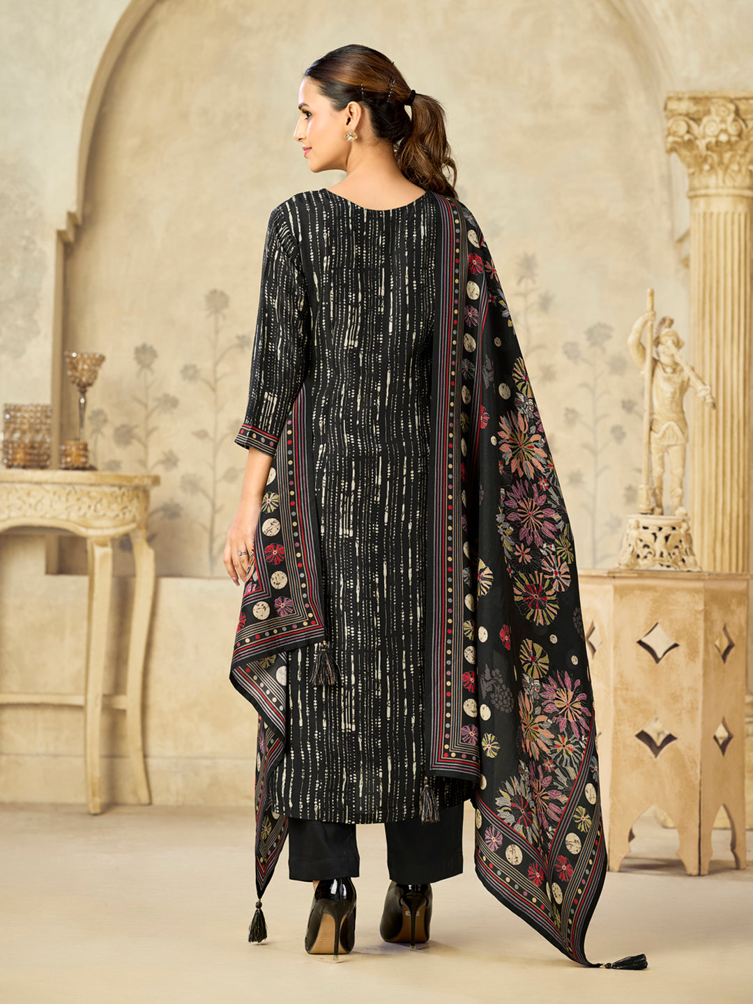 Black Printed With Handwork Straight Kurta With Dyed Trousers And Flower Printed Dupatta