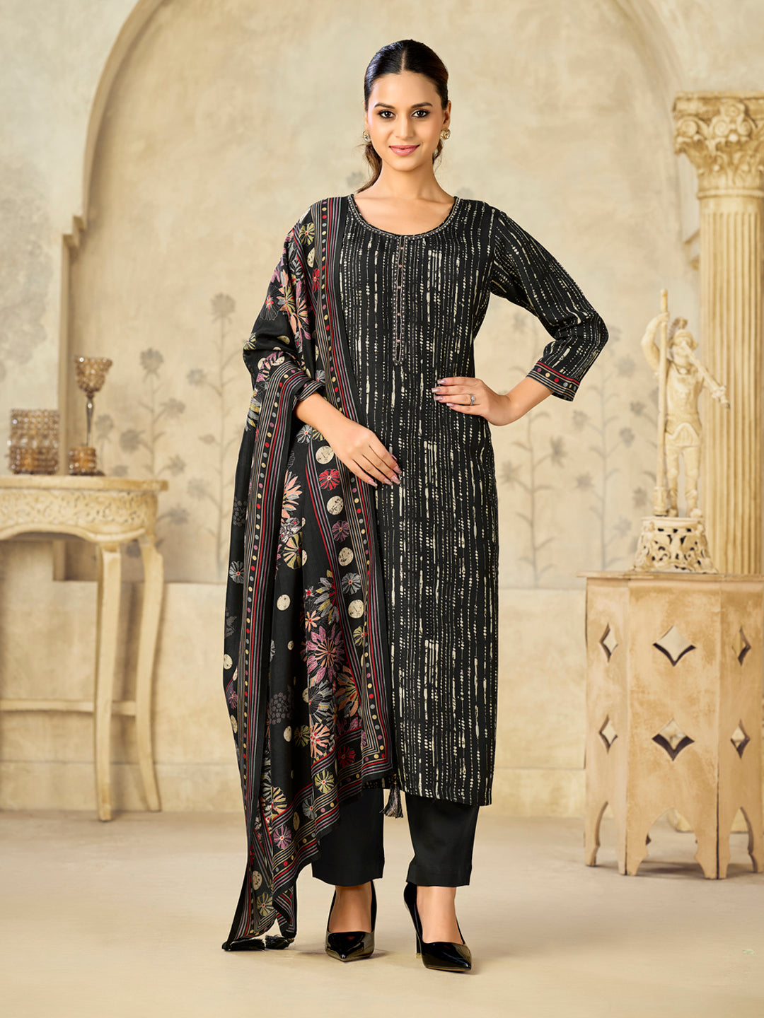 Black Printed With Handwork Straight Kurta With Dyed Trousers And Flower Printed Dupatta