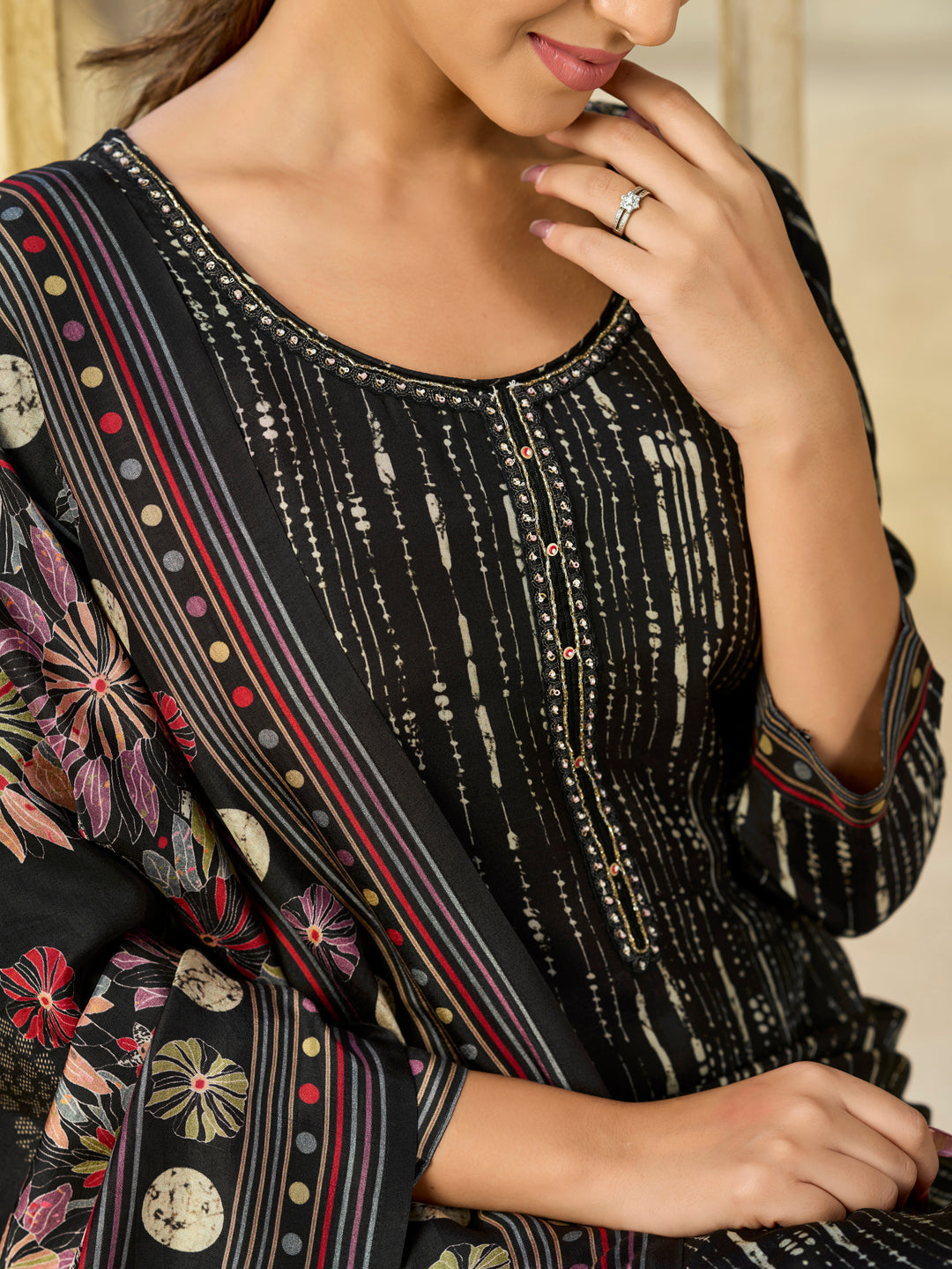 Black Printed With Handwork Straight Kurta With Dyed Trousers And Flower Printed Dupatta