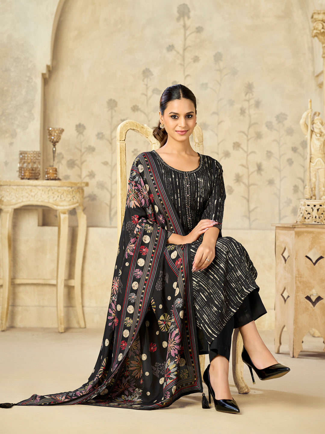 Black Printed With Handwork Straight Kurta With Dyed Trousers And Flower Printed Dupatta
