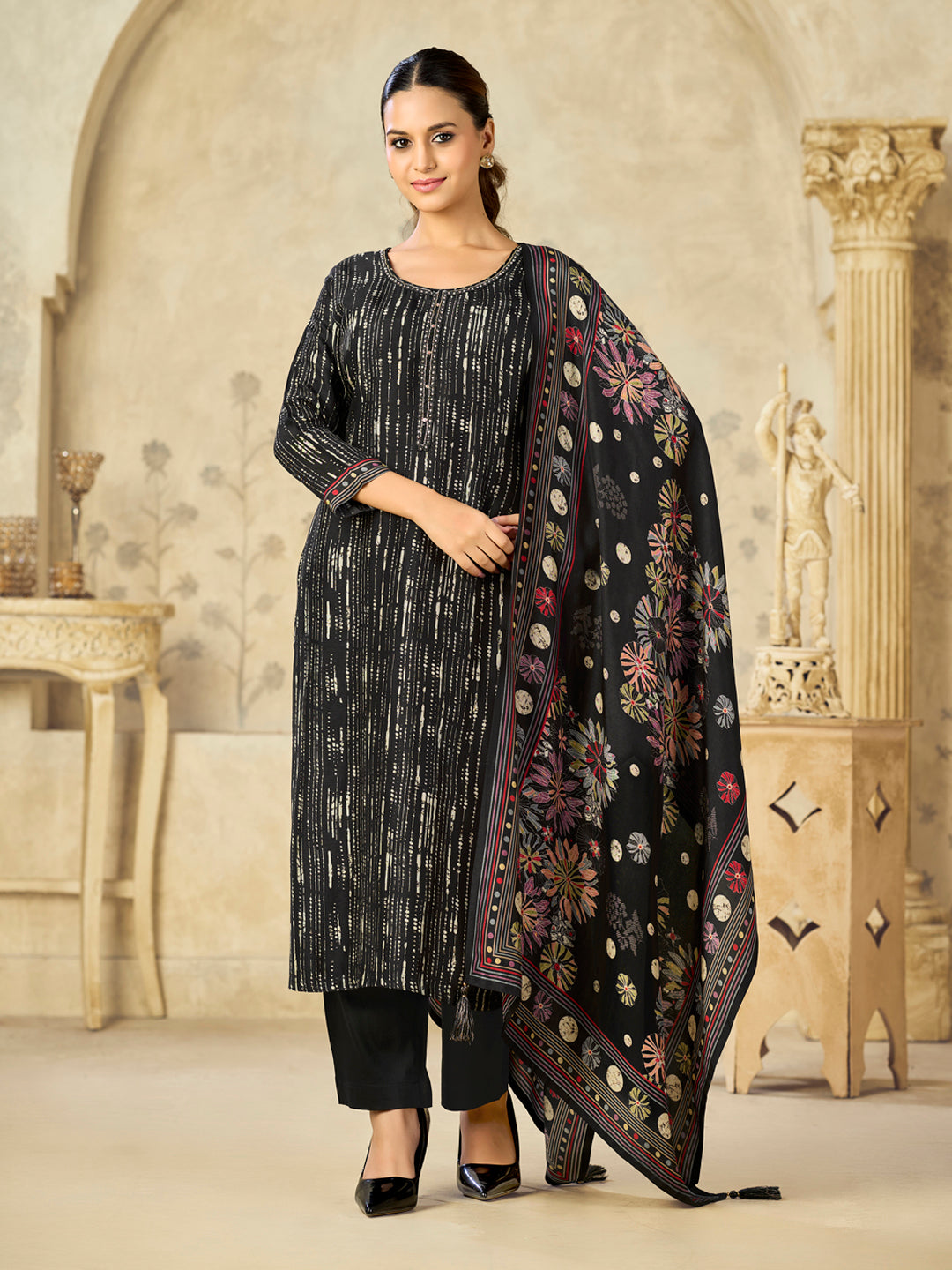 Black Printed With Handwork Straight Kurta With Dyed Trousers And Flower Printed Dupatta