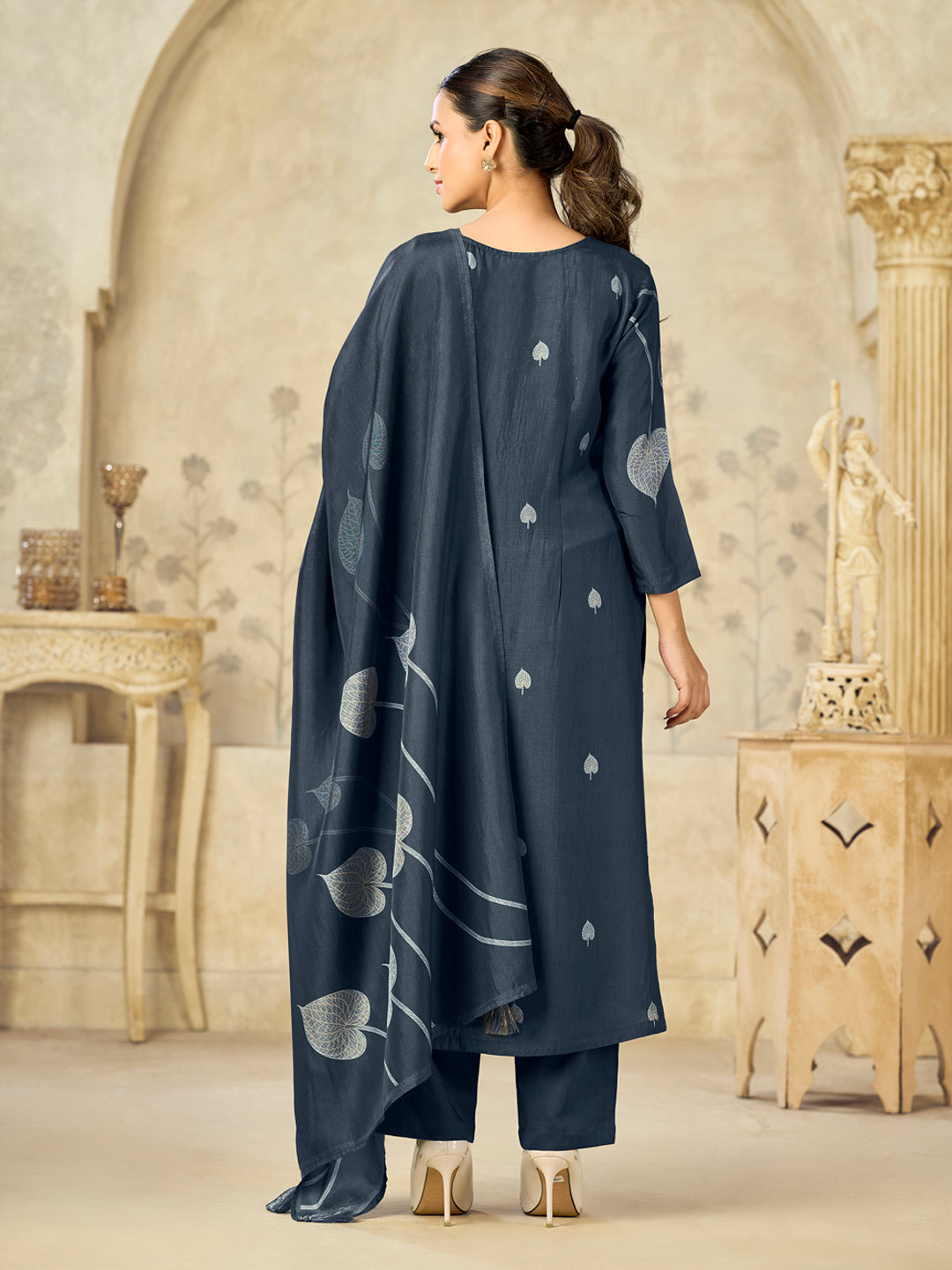 Blue Big Flower Printed With Handwork Straight Kurta With Dyed Trousers And Big Flower Printed Dupatta