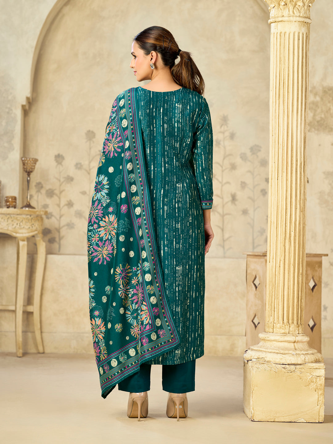 Green Printed With Handwork Straight Kurta With Dyed Trousers And Printed Dupatta