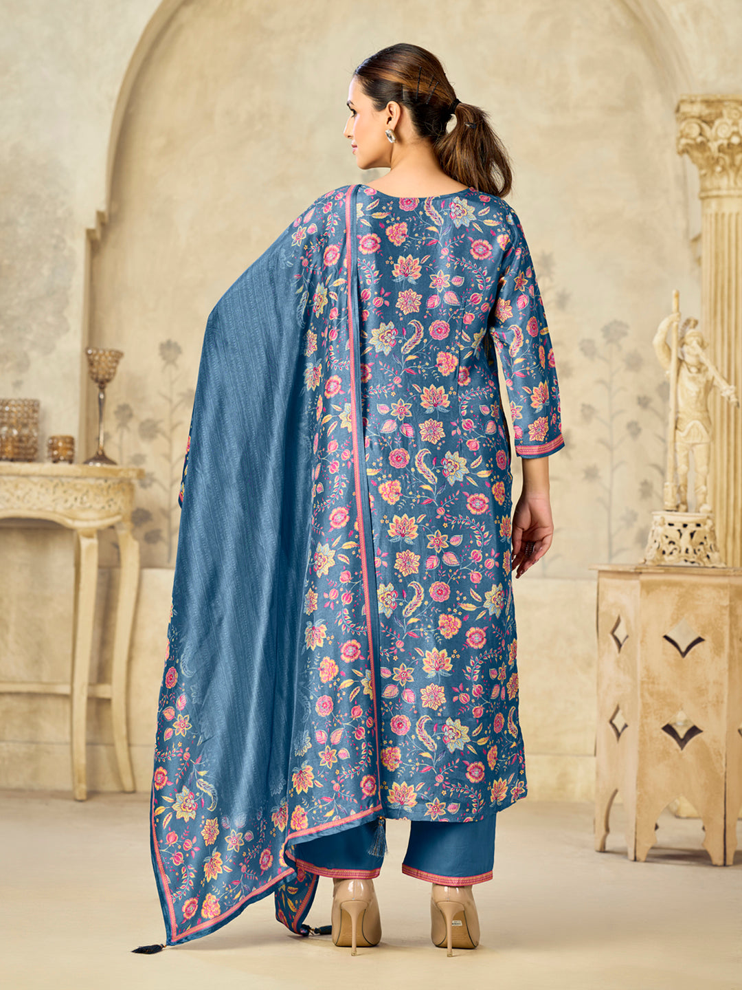 Blue Flower Printed With Handwork Straight Kurta With Dyed Trousers And Printed Flower Boarder Dupatta