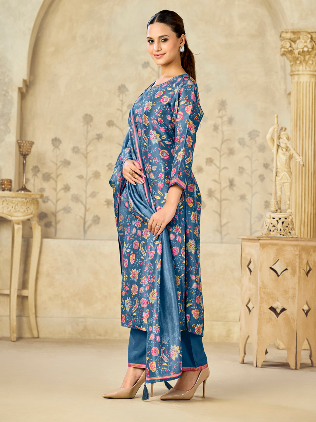 Blue Flower Printed With Handwork Straight Kurta With Dyed Trousers And Printed Flower Boarder Dupatta