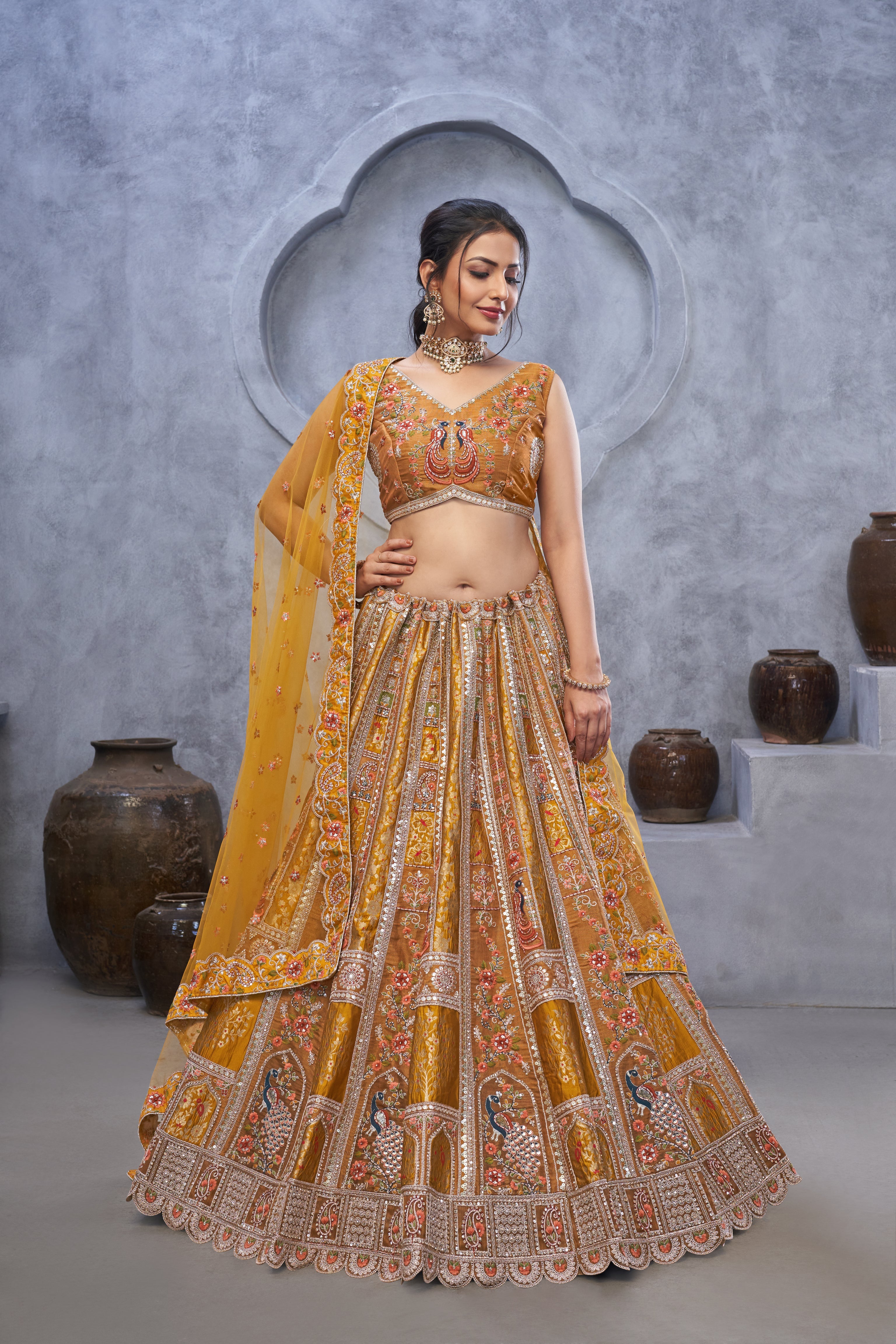The Bagh Collection: Mustard Bridal Lehenga with Peacock Embroidery - qivii