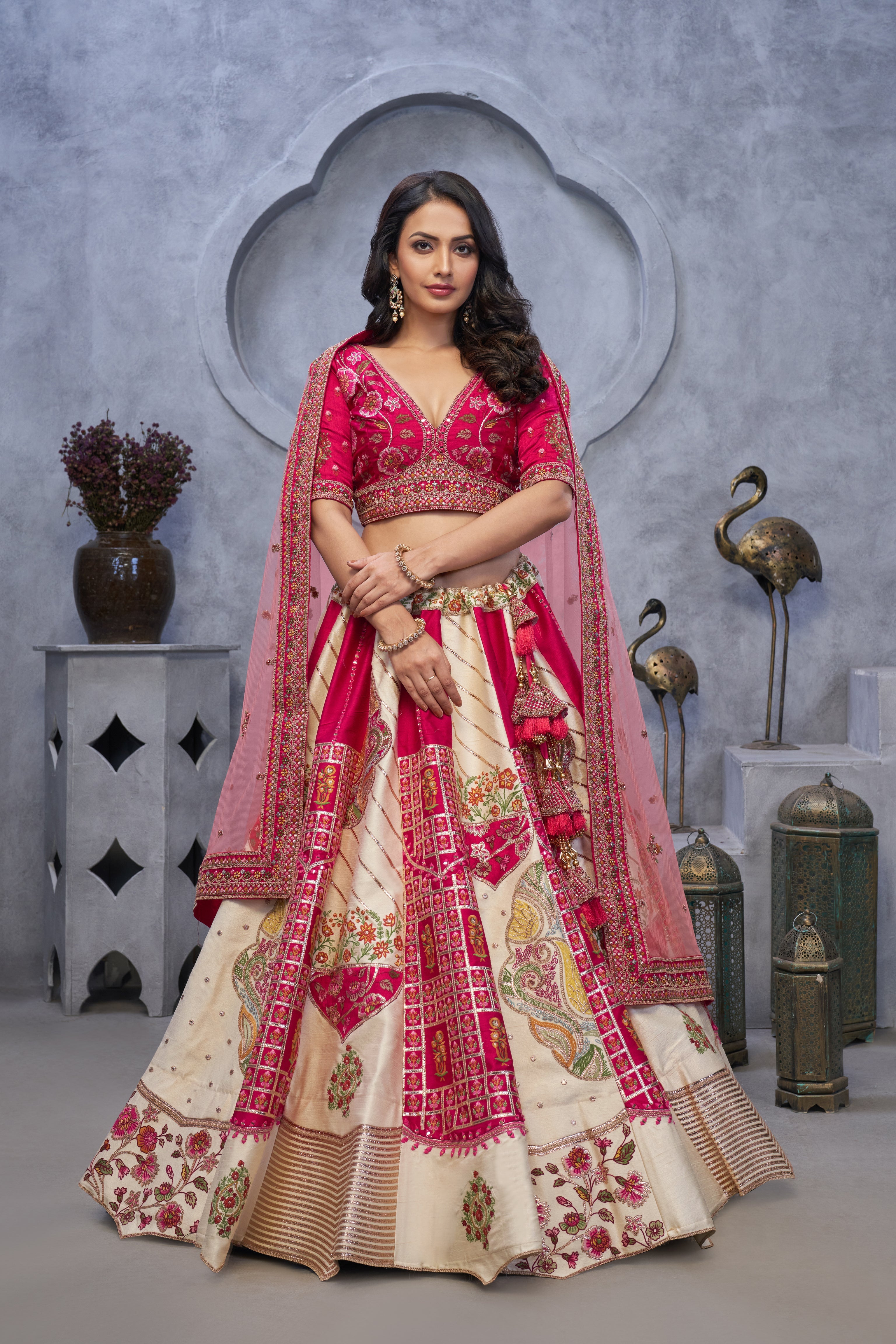 Regal Elegance: Red and White Raw Silk Lehenga with Paisley Motifs and Sheer Pink Dupatta - qivii