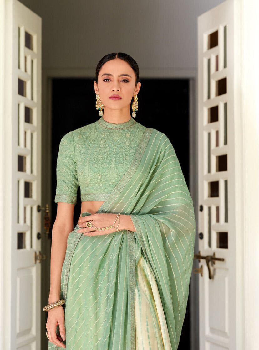 WHITE & GREEN DIGITALLY PRINTED GAJI SILK LEHENGA WITH CHIKANKARI WORK BLOUSE