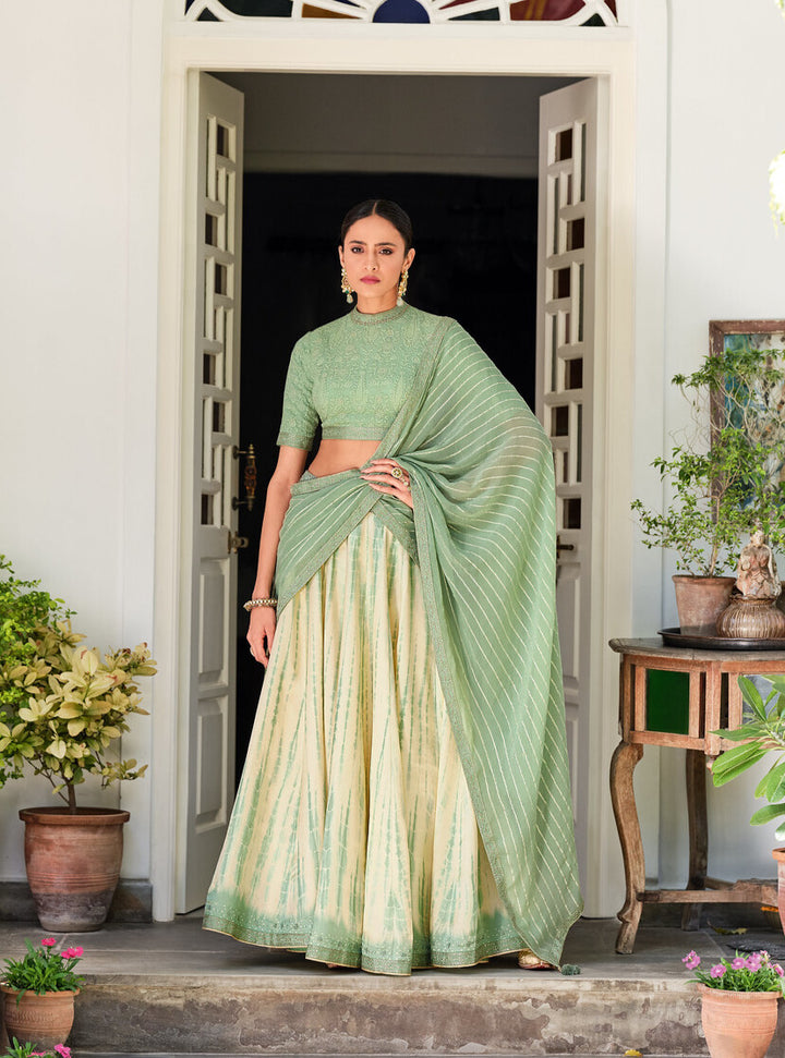 WHITE & GREEN DIGITALLY PRINTED GAJI SILK LEHENGA WITH CHIKANKARI WORK BLOUSE