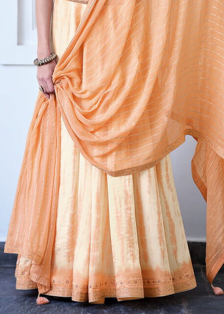 WHITE & ORANGE DIGITALLY PRINTED GAJI SILK LEHENGA WITH CHIKANKARI WORK BLOUSE