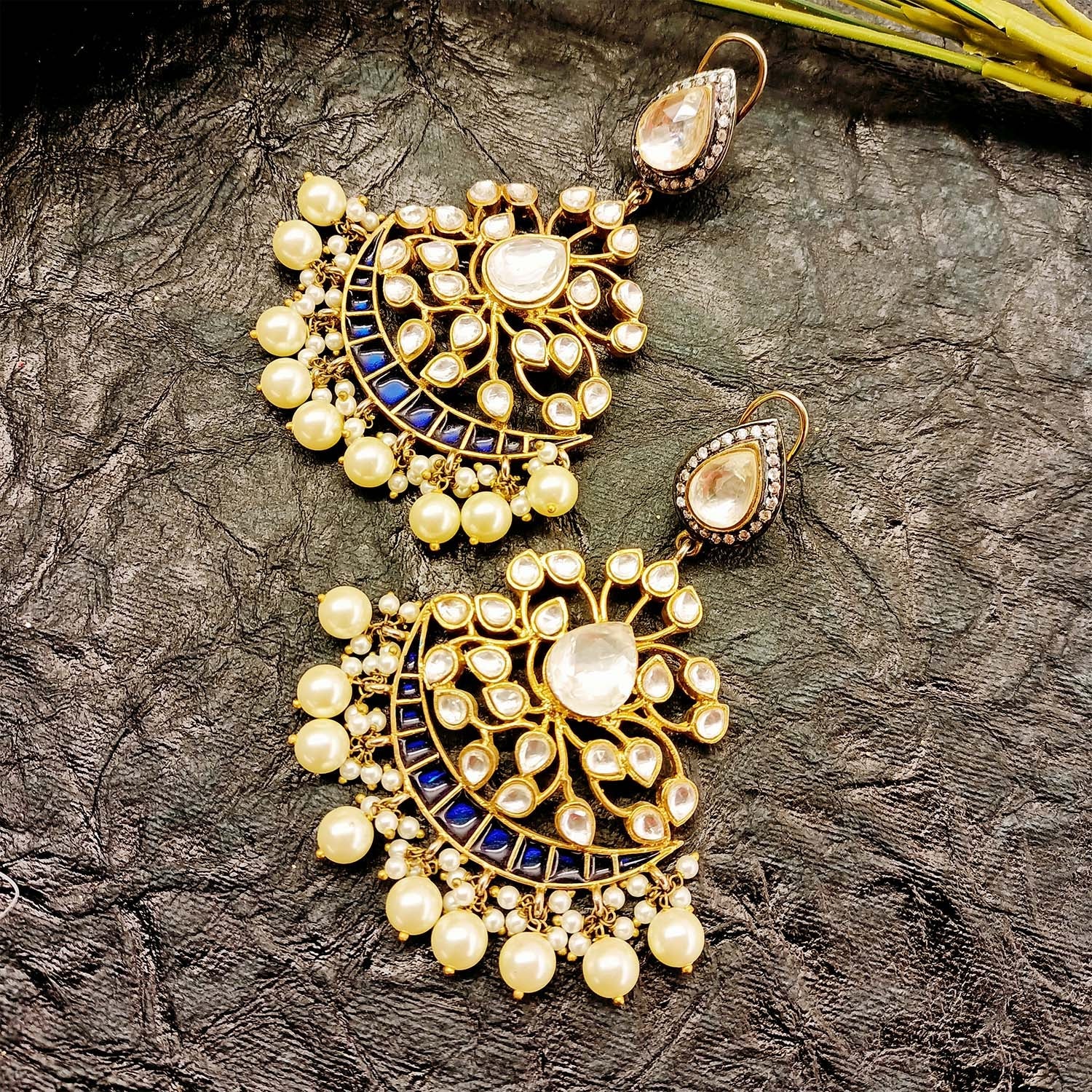 Apeksha Navy Blue Gold Plated Pachi Kundan Earrings