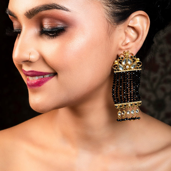 Adwita Black Crystal Beads Gold Plated Kundan Earrings