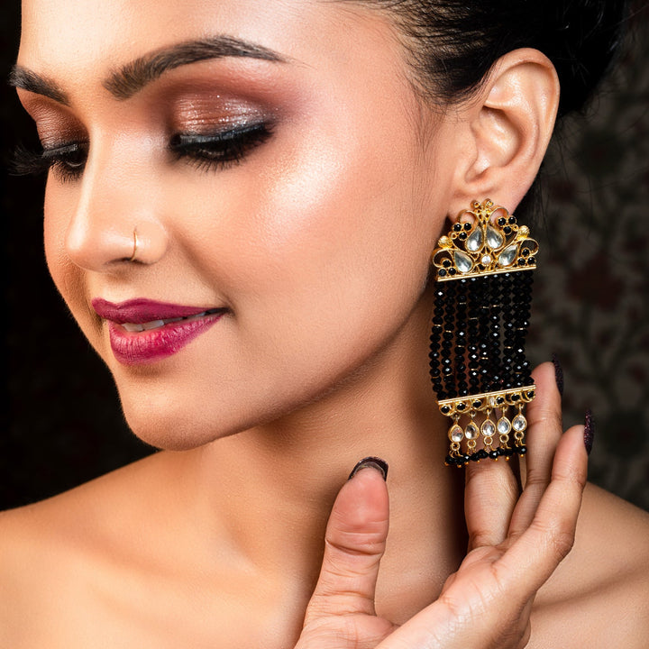 Adwita Black Crystal Beads Gold Plated Kundan Earrings