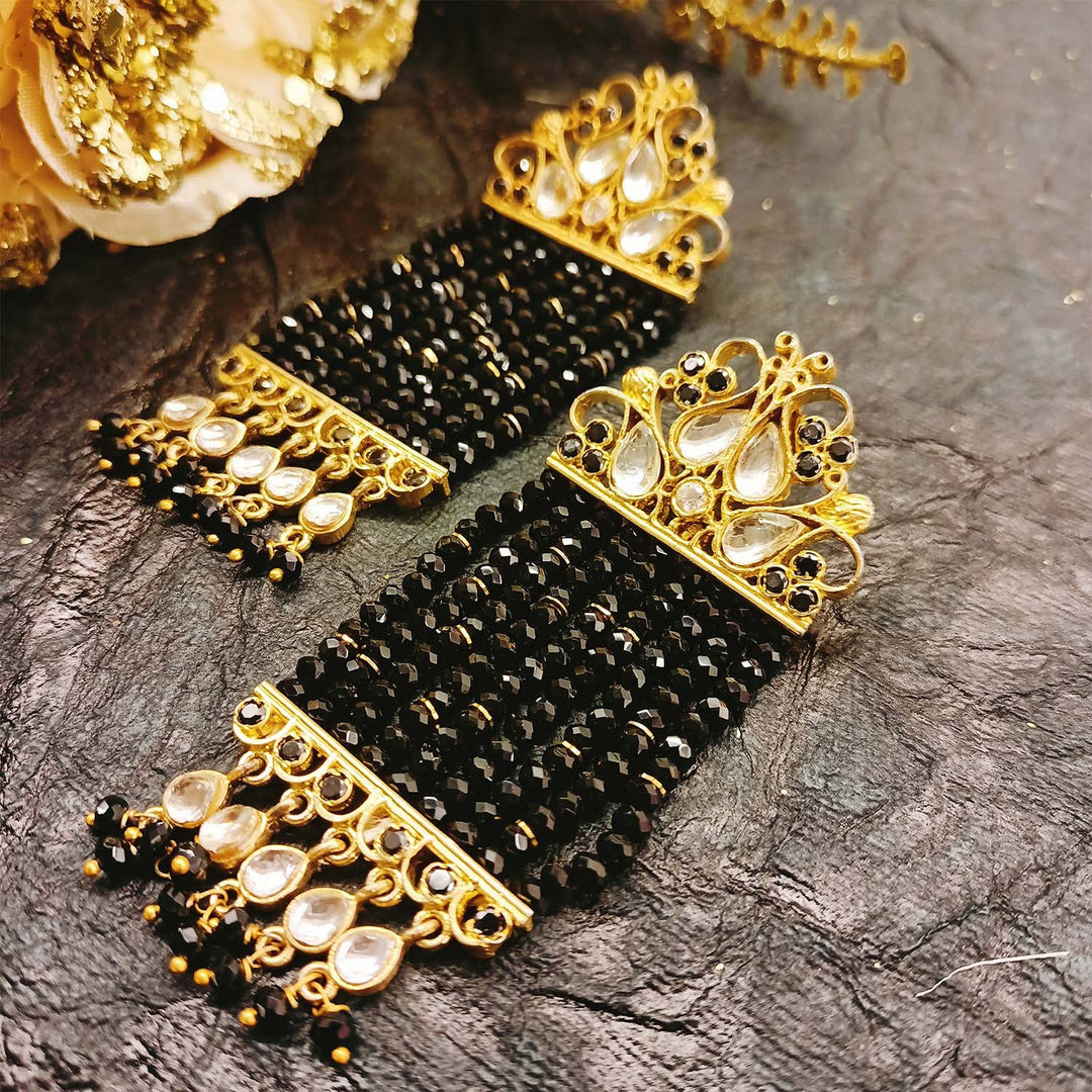 Adwita Black Crystal Beads Gold Plated Kundan Earrings