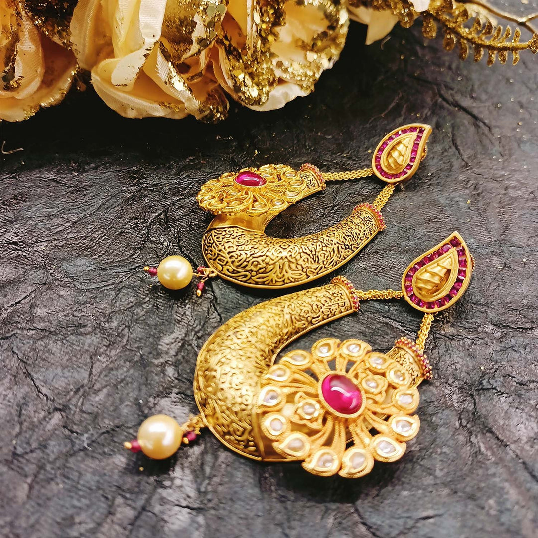 Akshara Majenta Antique Gold Plated Kundan Earrings