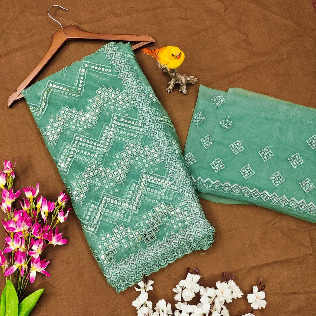 Heavy Butterfly Net With Embroidered Work Saree In Green Color - qivii