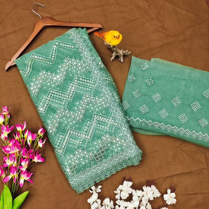 Heavy Butterfly Net With Embroidered Work Saree In Green Color - qivii