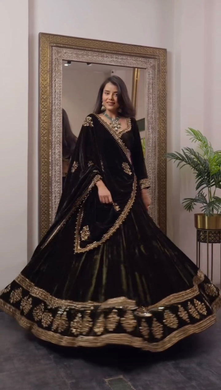 Beautiful green Viscos velvet thread Lehenga with intricate sequin detailing