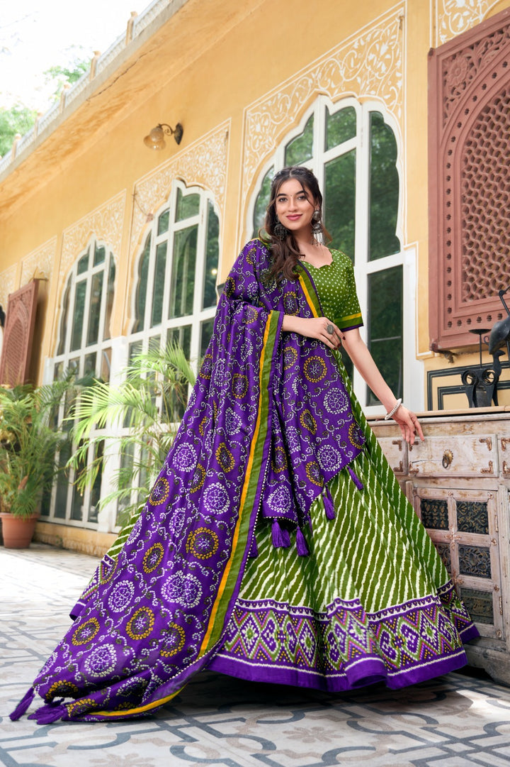 Green Tussar Silk Leheriya With Patola Print Border Lehenga