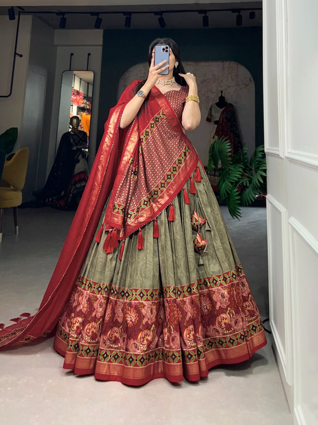 High-quality green tussar silk lehenga with stunning print