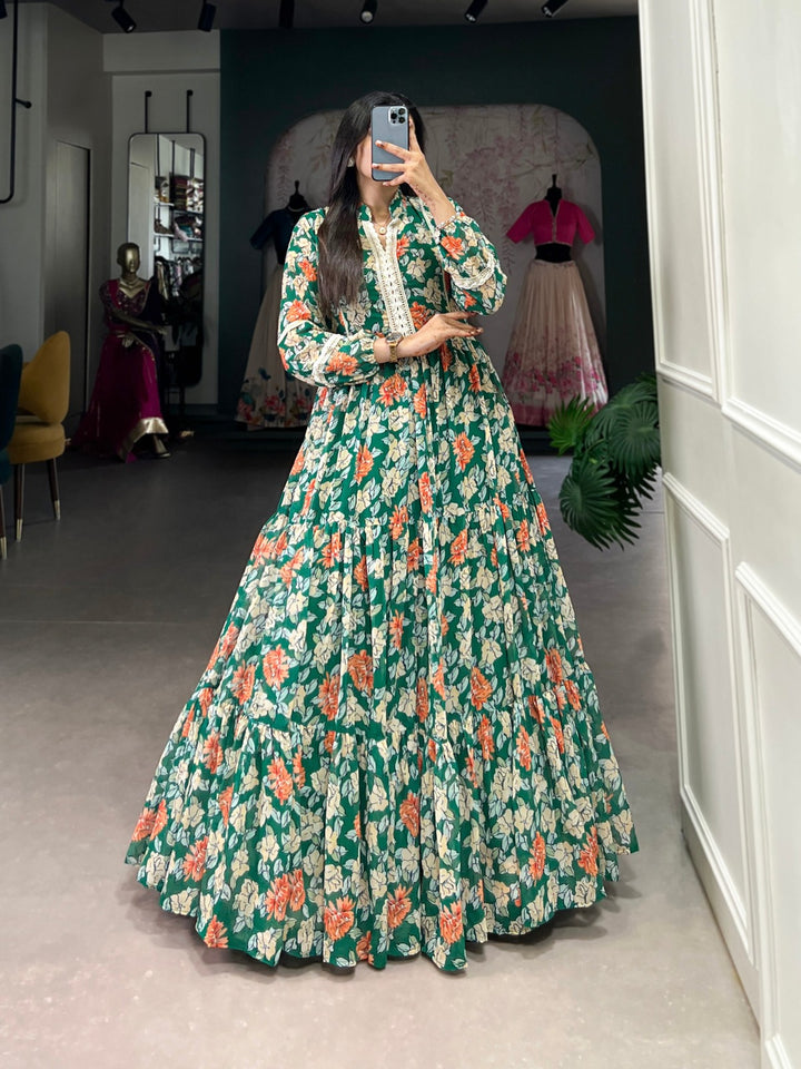 Green Georgette Floral Printed Micro Cotton Gown