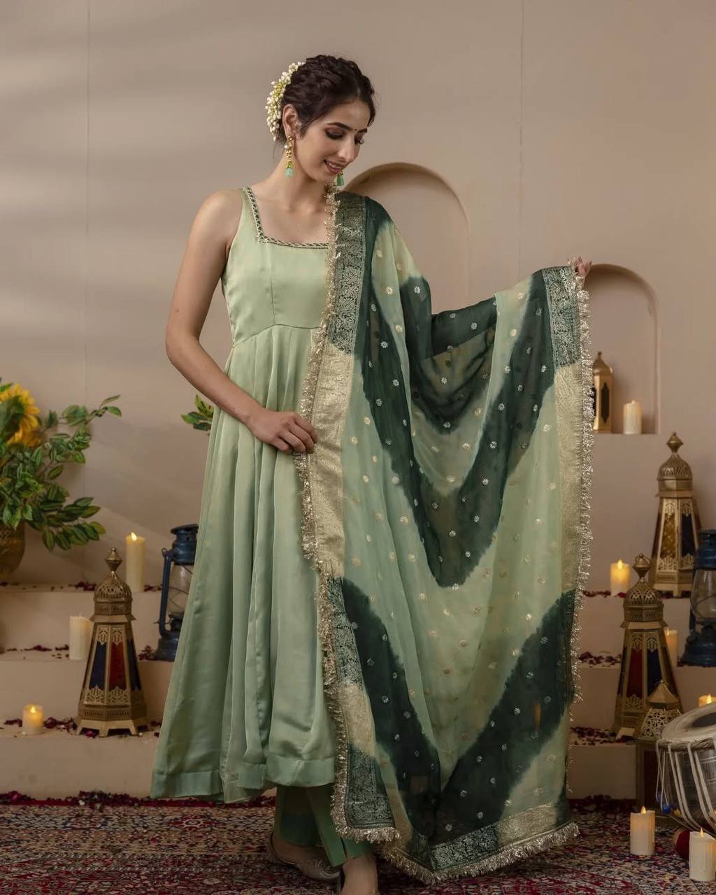 Green Star Georgette Gown with intricate fancy lace detailing on the inner lining