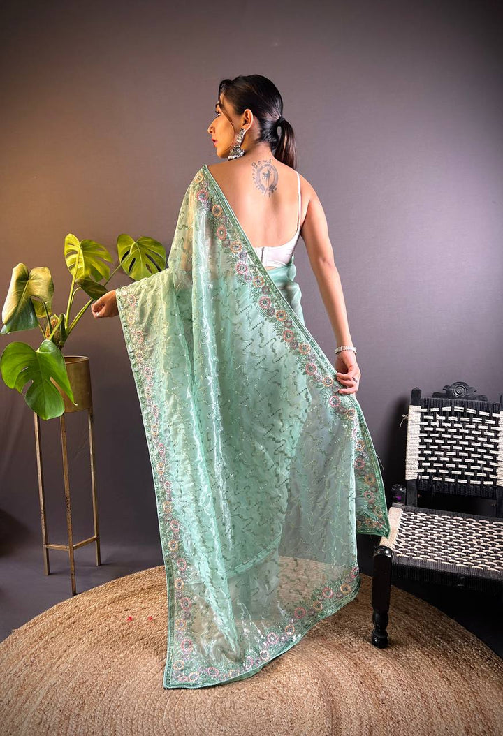 Green Heavy Twill Net Designer Thread & Sequence Embroidery Work Saree