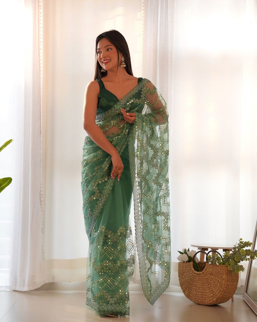 Heavy Butterfly Net With Embroidered Work Saree In Green Color - qivii