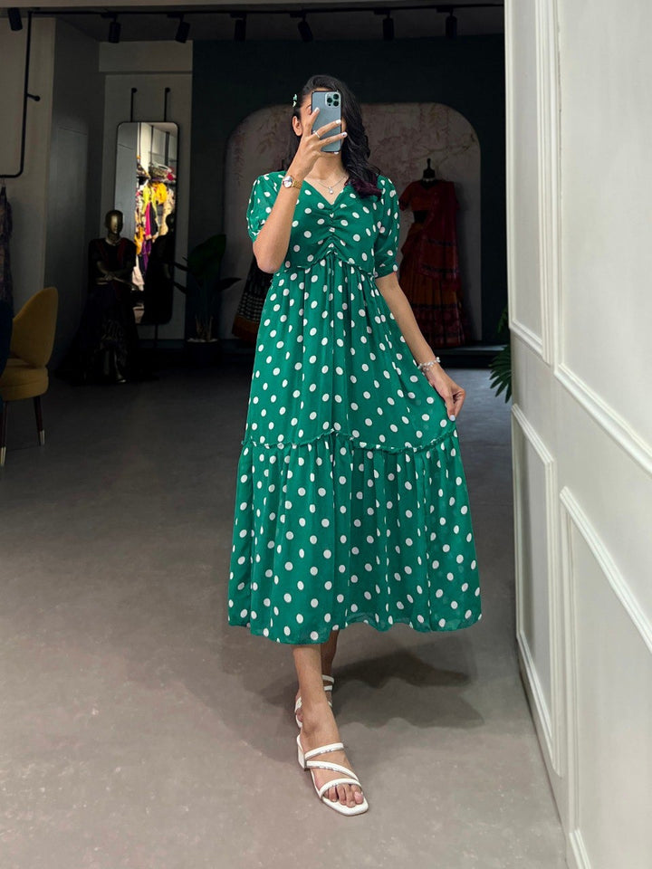 Green Georgette Polka Dot Print Frock