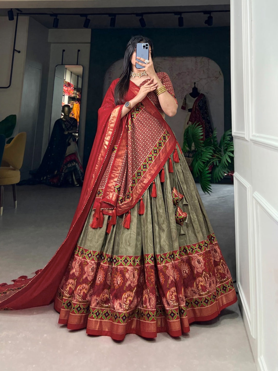 Beautiful green tussar silk lehenga with floral and foil print