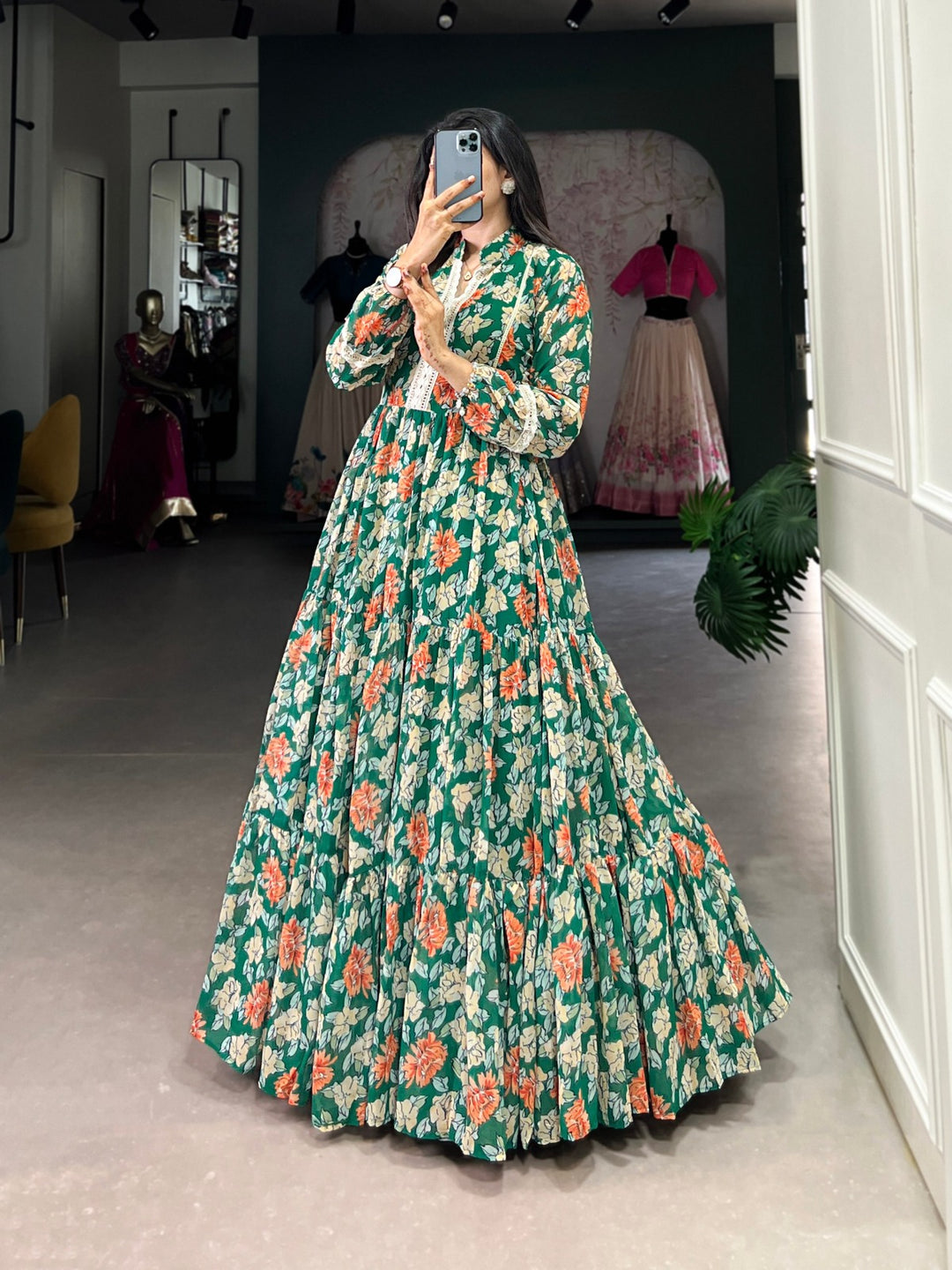 Green Georgette Floral Printed Micro Cotton Gown