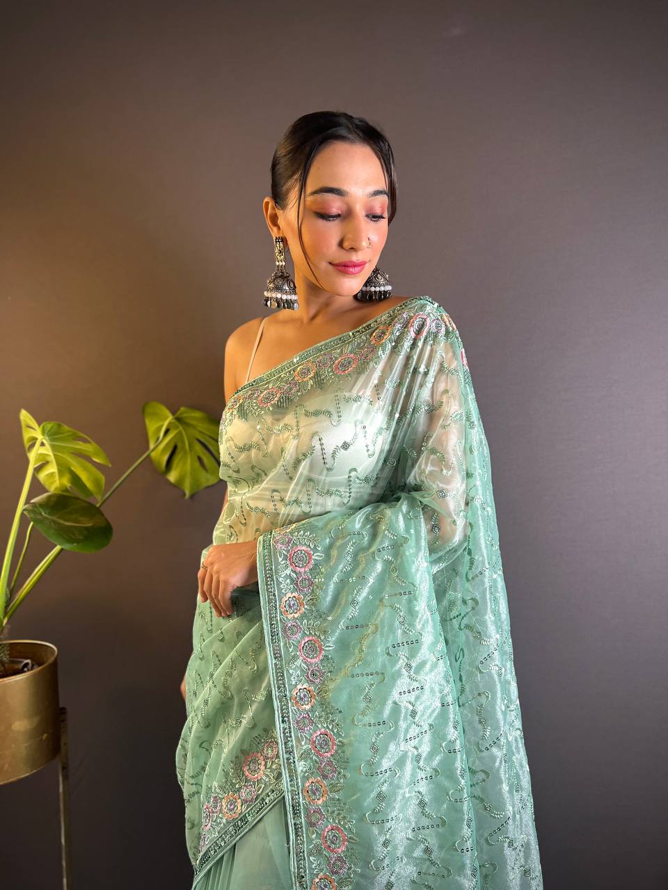 Green Heavy Twill Net Designer Thread & Sequence Embroidery Work Saree