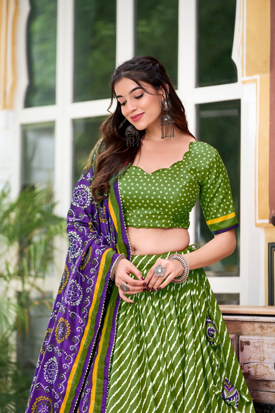 Green Tussar Silk Leheriya With Patola Print Border Lehenga