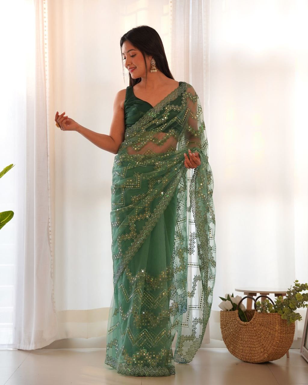 Heavy Butterfly Net With Embroidered Work Saree In Green Color - qivii