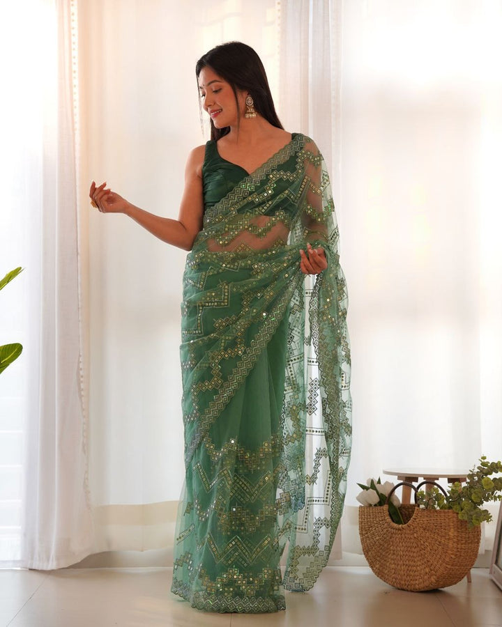 Heavy Butterfly Net With Embroidered Work Saree In Green Color - qivii