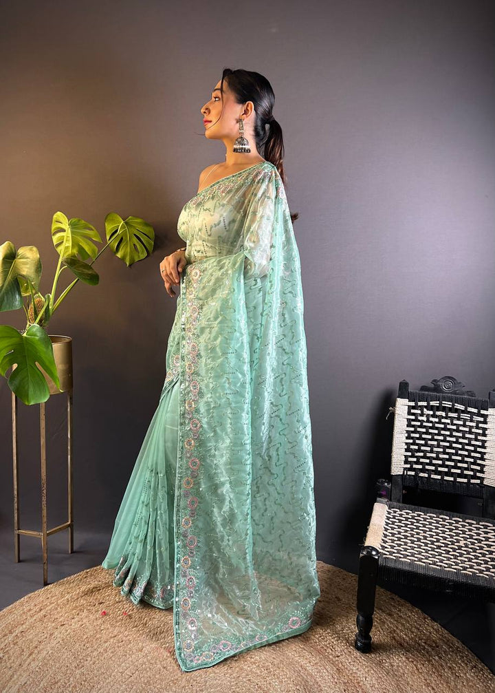 Green Heavy Twill Net Designer Thread & Sequence Embroidery Work Saree