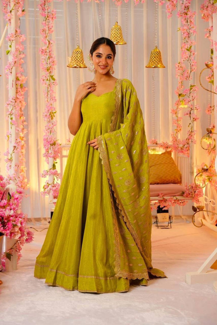 Green Havy Roman Silk with inner Fancy Lace  - INSPIRED