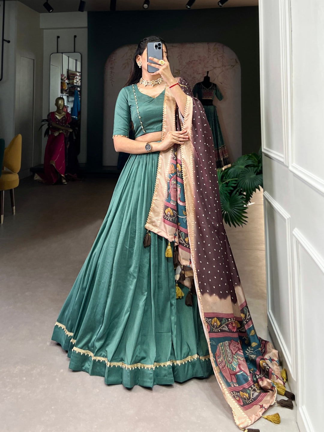 ###
Green Chinon Silk Plain With Lace Touch Up Drawstring Lehenga 