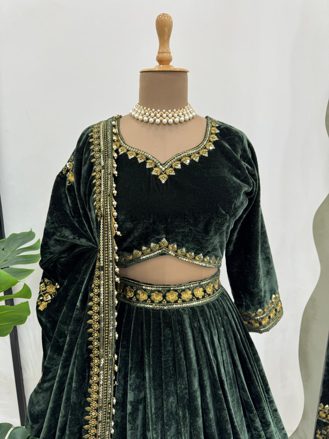 Beautiful green viscose velvet thread with sequin detailing Lehenga - INSPIRED, perfect for special occasions and events