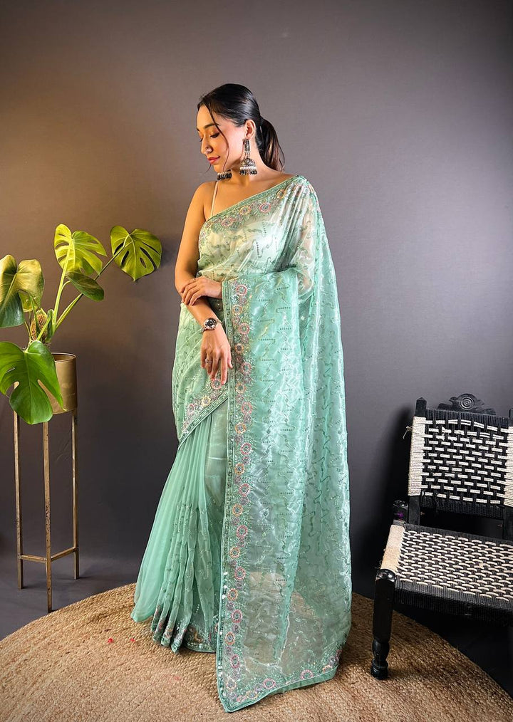 Green Heavy Twill Net Designer Thread & Sequence Embroidery Work Saree