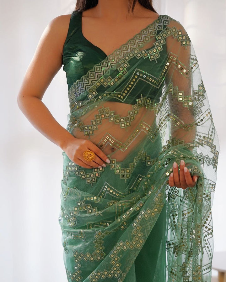 Heavy Butterfly Net With Embroidered Work Saree In Green Color - qivii