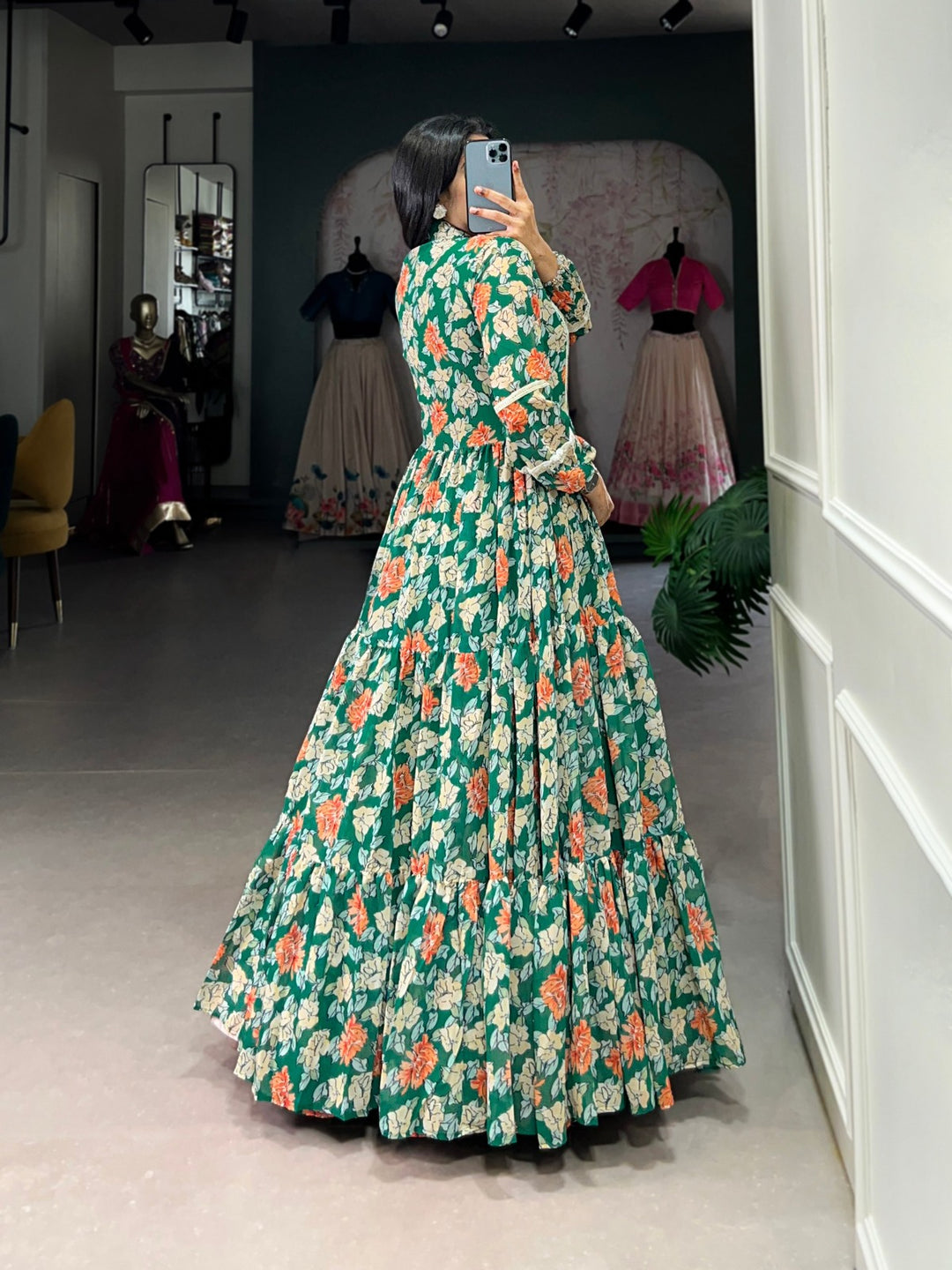 Green Georgette Floral Printed Micro Cotton Gown