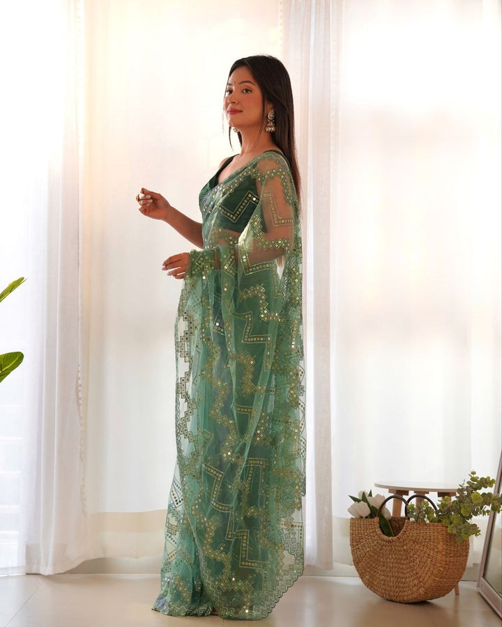 Heavy Butterfly Net With Embroidered Work Saree In Green Color - qivii