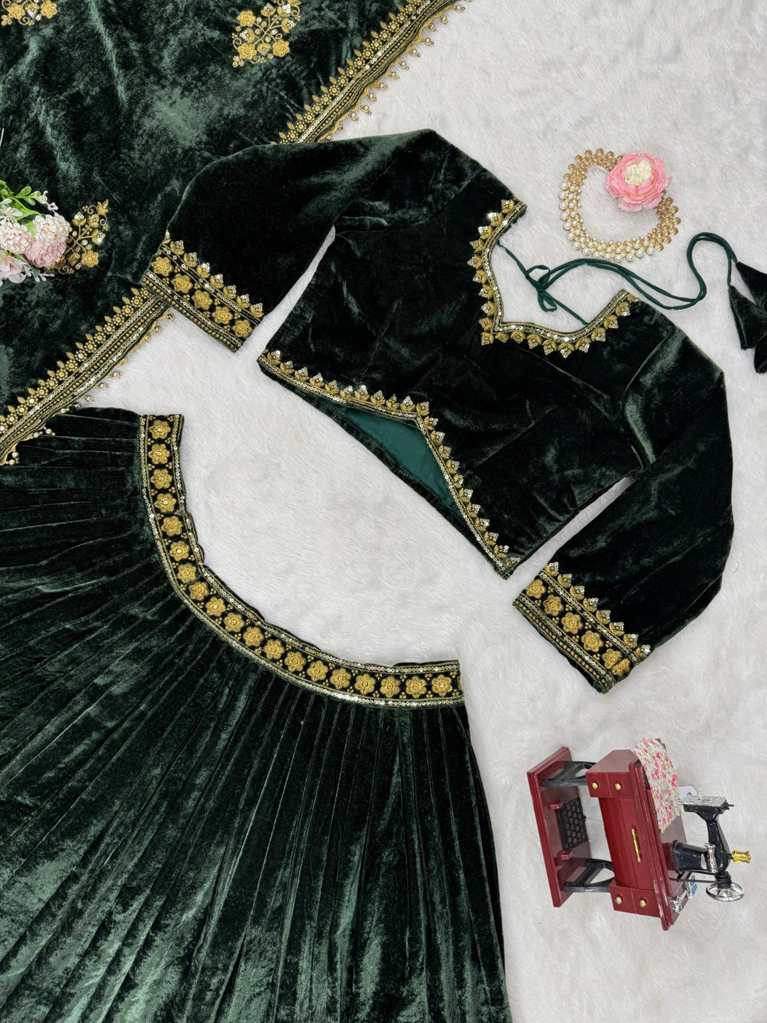 Green Viscos velvet thread with Sequence Lehenga - INSPIRED, perfect for special occasions and events, featuring intricate sequin detailing and luxurious fabric