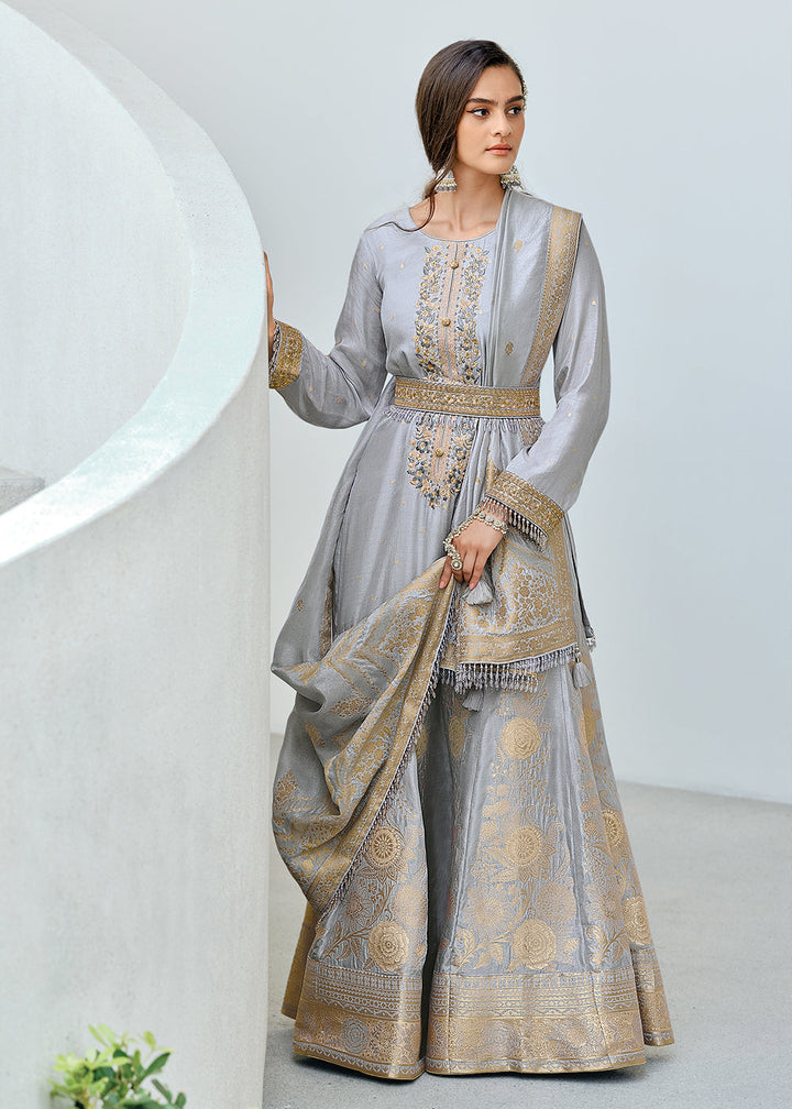 Dolphin Grey Designer Embroidered Viscose Woven Salwar Suit By Qivii