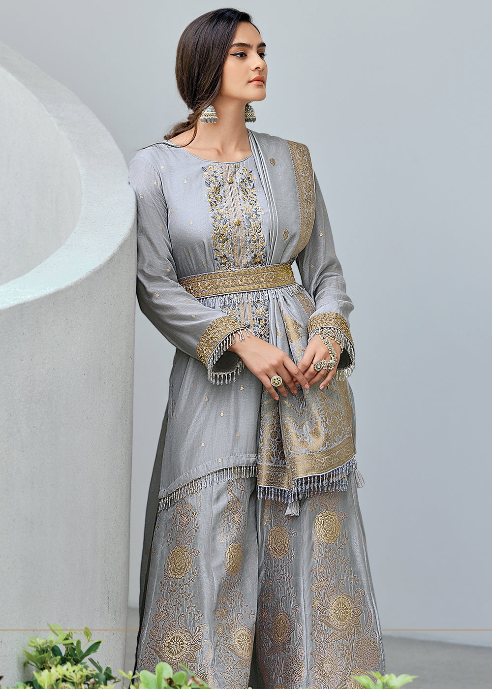 Dolphin Grey Designer Embroidered Viscose Woven Salwar Suit By Qivii