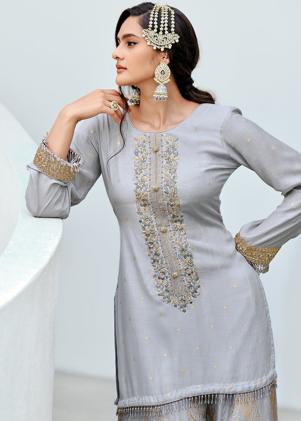 Dolphin Grey Designer Embroidered Viscose Woven Salwar Suit By Qivii