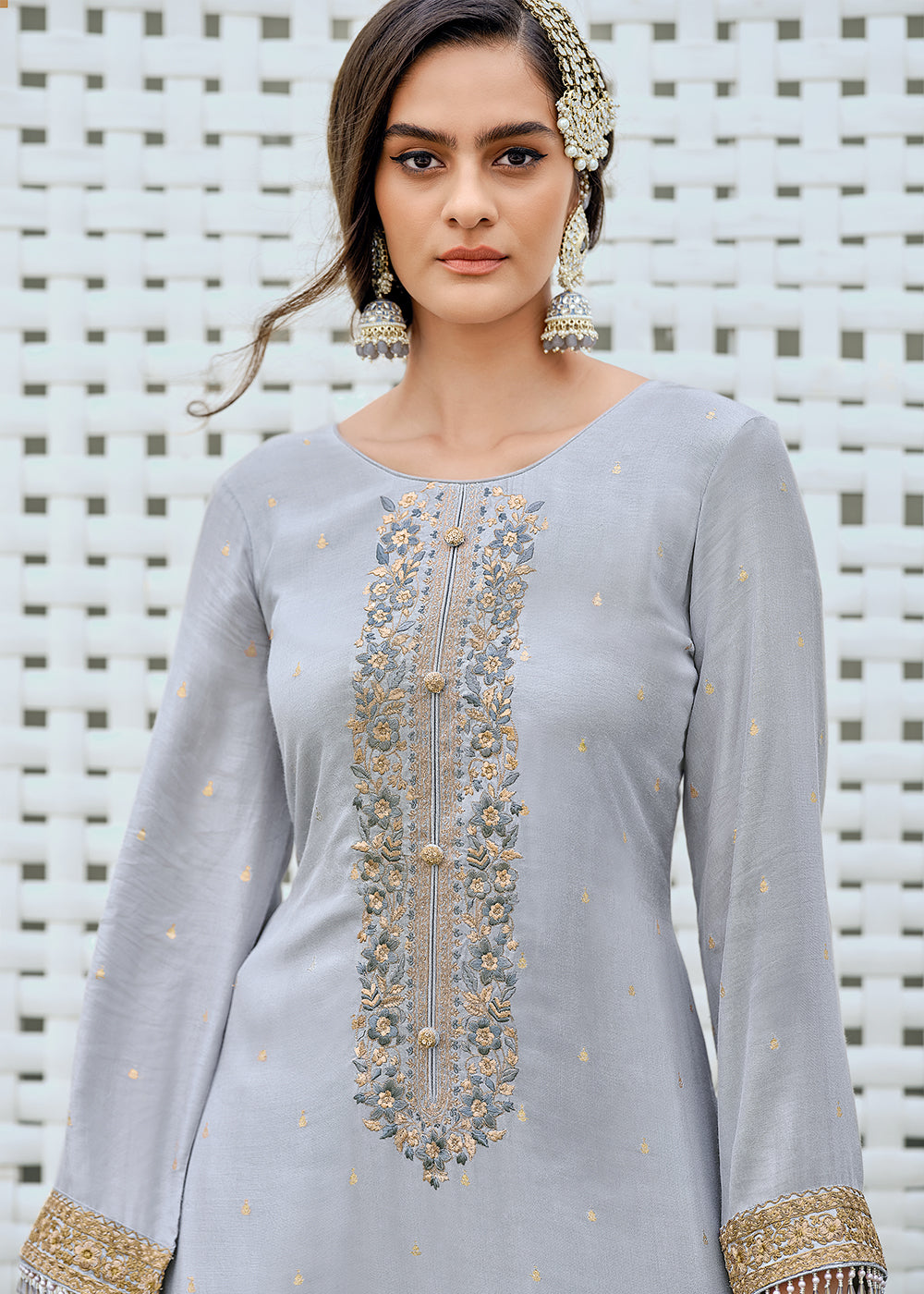 Dolphin Grey Designer Embroidered Viscose Woven Salwar Suit By Qivii