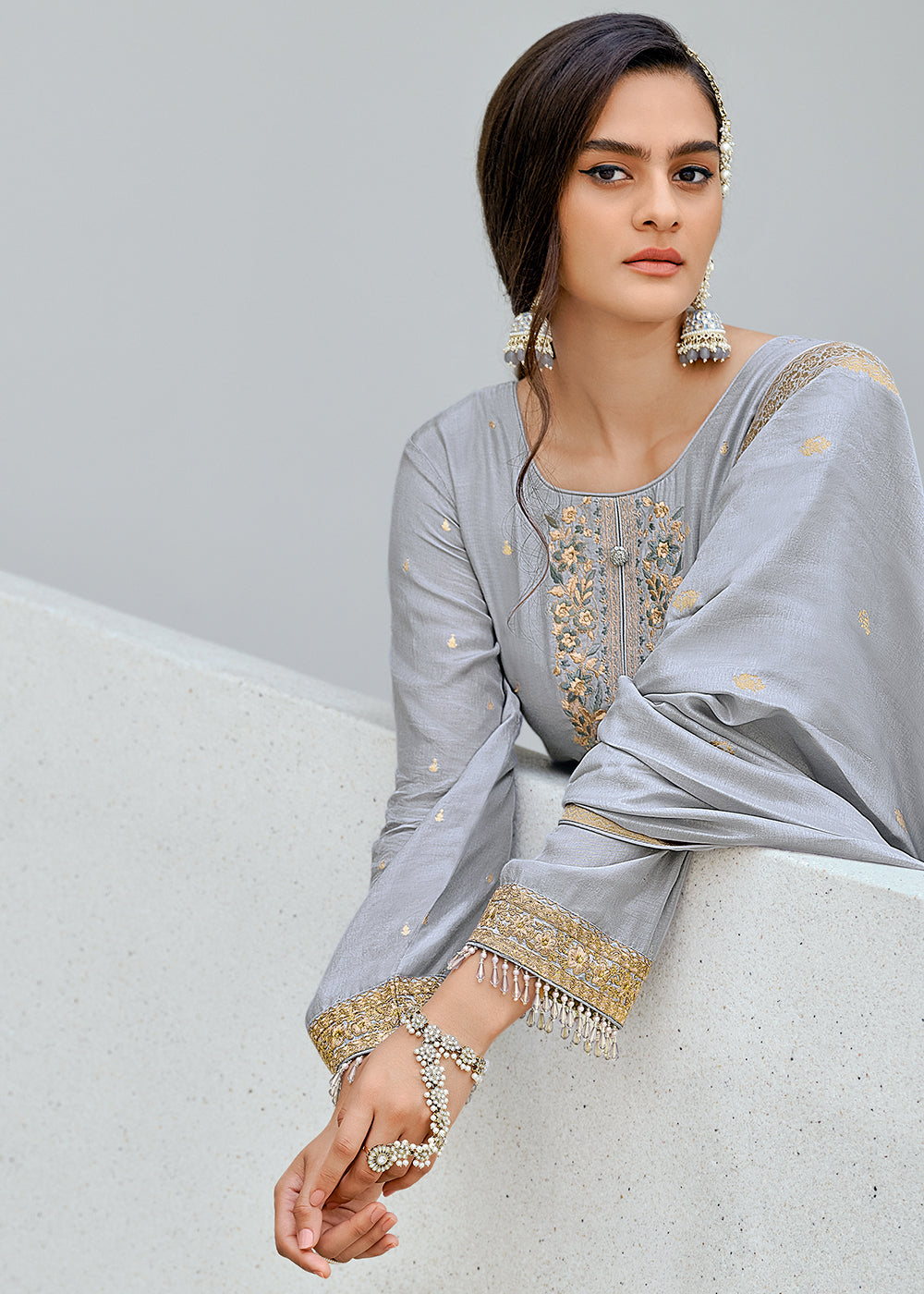 Dolphin Grey Designer Embroidered Viscose Woven Salwar Suit By Qivii